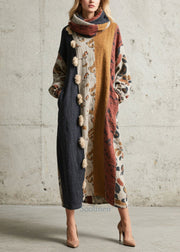French Oversized Patchwork Fuzzy Ball Decorated Long Dresses Fall