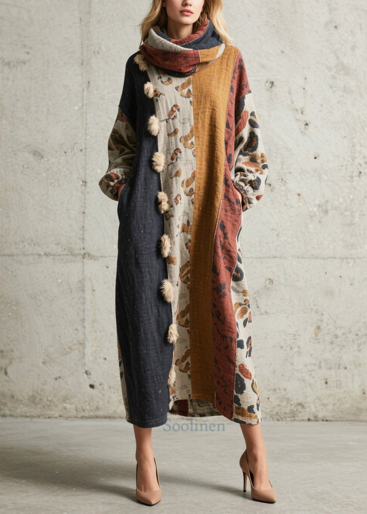 French Oversized Patchwork Fuzzy Ball Decorated Long Dresses Fall