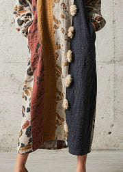 French Oversized Patchwork Fuzzy Ball Decorated Long Dresses Fall