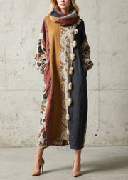 French Oversized Patchwork Fuzzy Ball Decorated Long Dresses Fall
