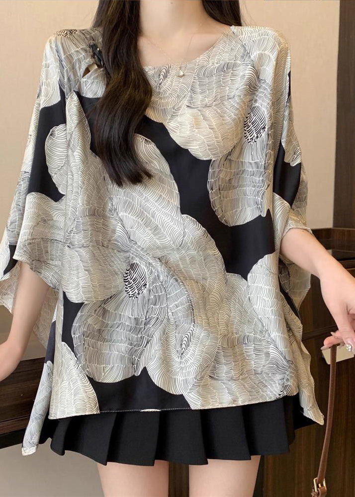 French Oversized Print Chiffon Shirt Top Batwing Sleeve