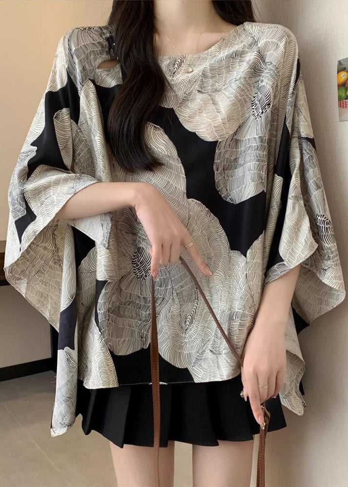 French Oversized Print Chiffon Shirt Top Batwing Sleeve