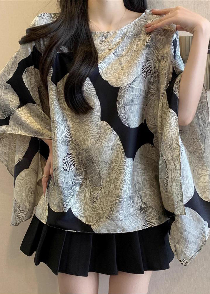 French Oversized Print Chiffon Shirt Top Batwing Sleeve