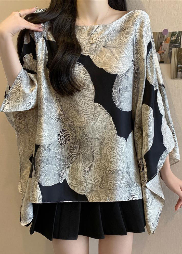 French Oversized Print Chiffon Shirt Top Batwing Sleeve