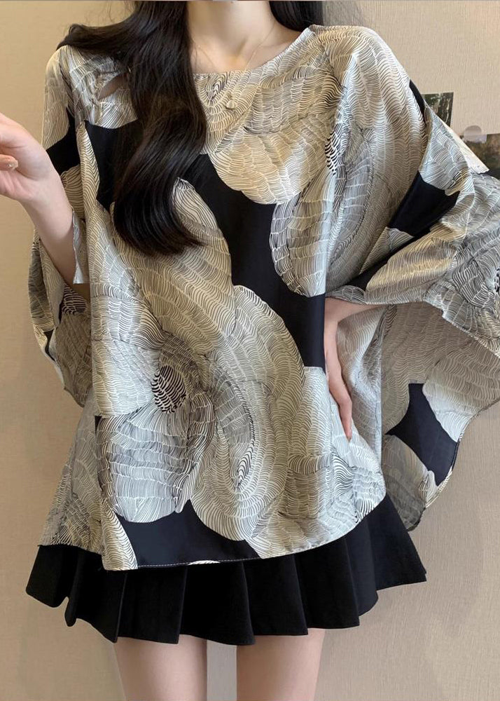 French Oversized Print Chiffon Shirt Top Batwing Sleeve