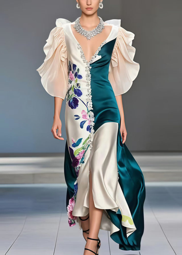 French Peacock Blue Patchwork Asymmetrical Design Silk Vestidos Dress Butterfly Sleeve