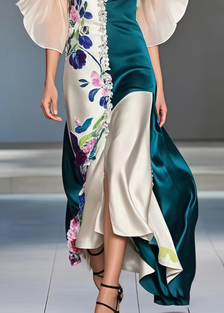 French Peacock Blue Patchwork Asymmetrical Design Silk Vestidos Dress Butterfly Sleeve