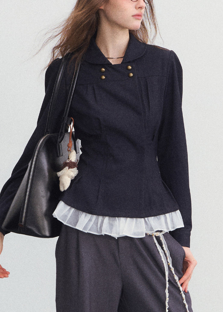 French Peter Pan Collar Patchwork Top Fall