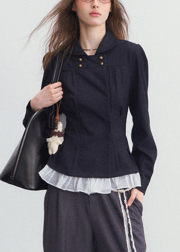 French Peter Pan Collar Patchwork Top Fall