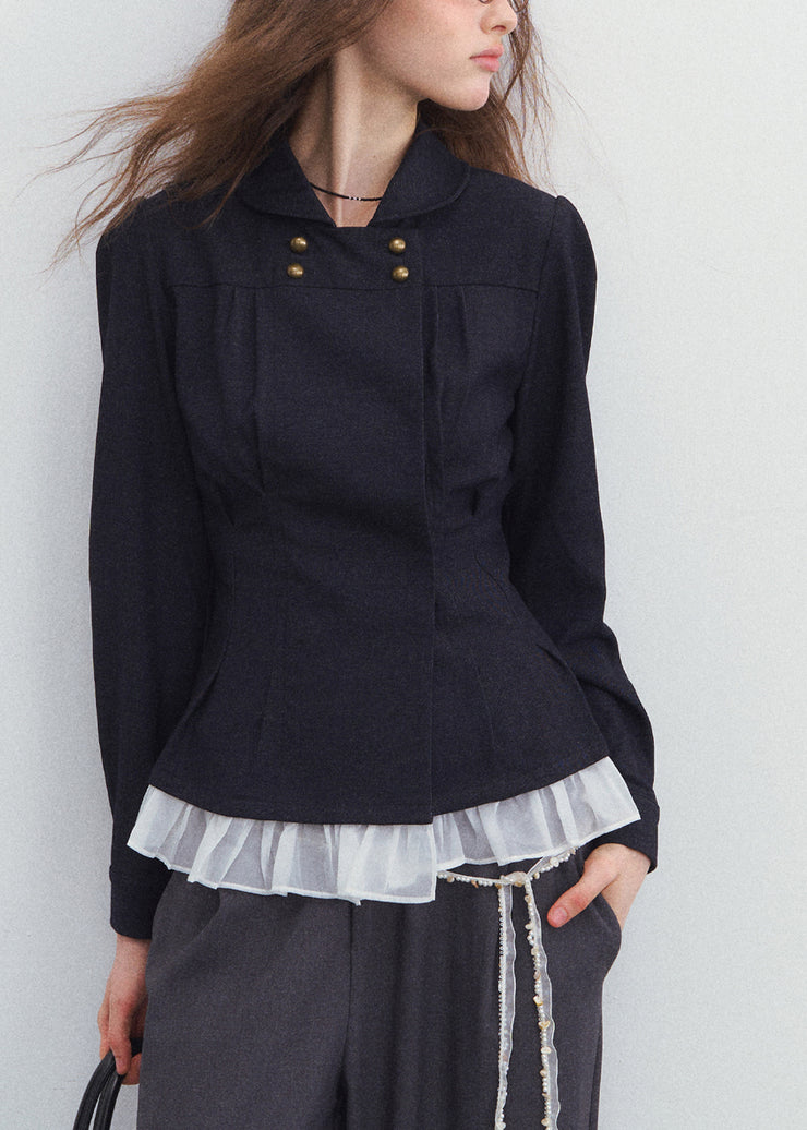 French Peter Pan Collar Patchwork Top Fall