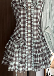 French Peter Pan Collar Plaid Ruffled Cotton Mid Dress Sleeveless