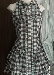 French Peter Pan Collar Plaid Ruffled Cotton Mid Dress Sleeveless
