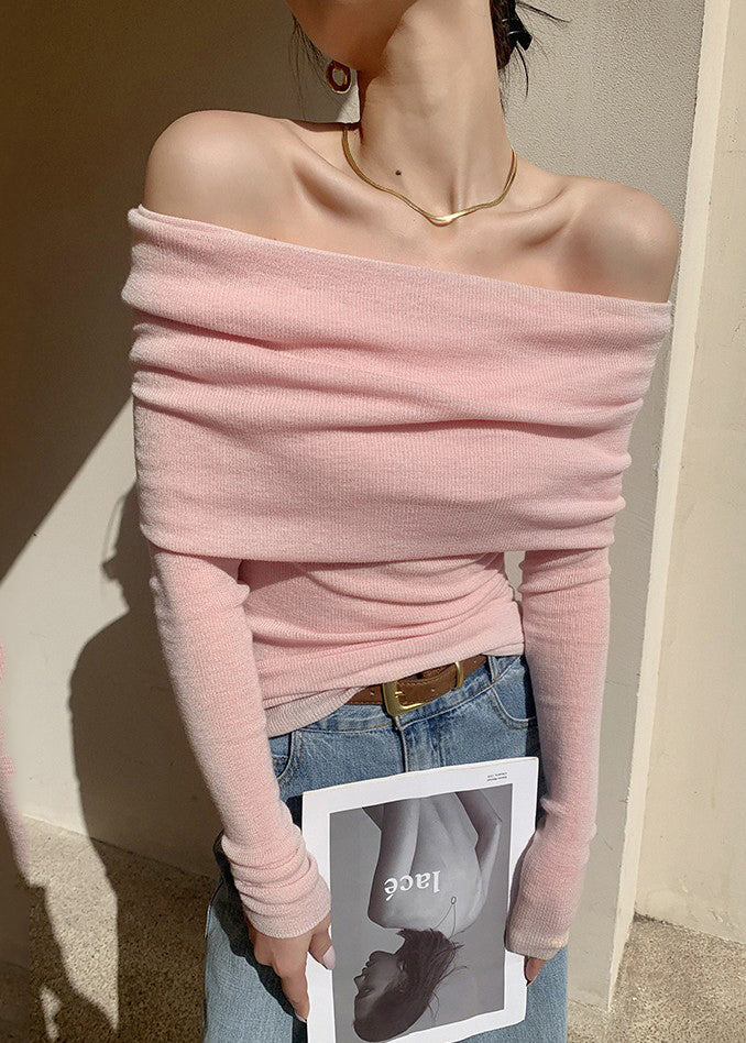 French Pink Cold Shoulder Knit Short Sweater Spring