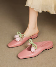 French Pink Cowhide Leather Splicing Floral Slide Sandals