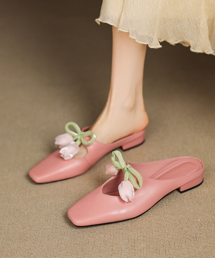 French Pink Cowhide Leather Splicing Floral Slide Sandals