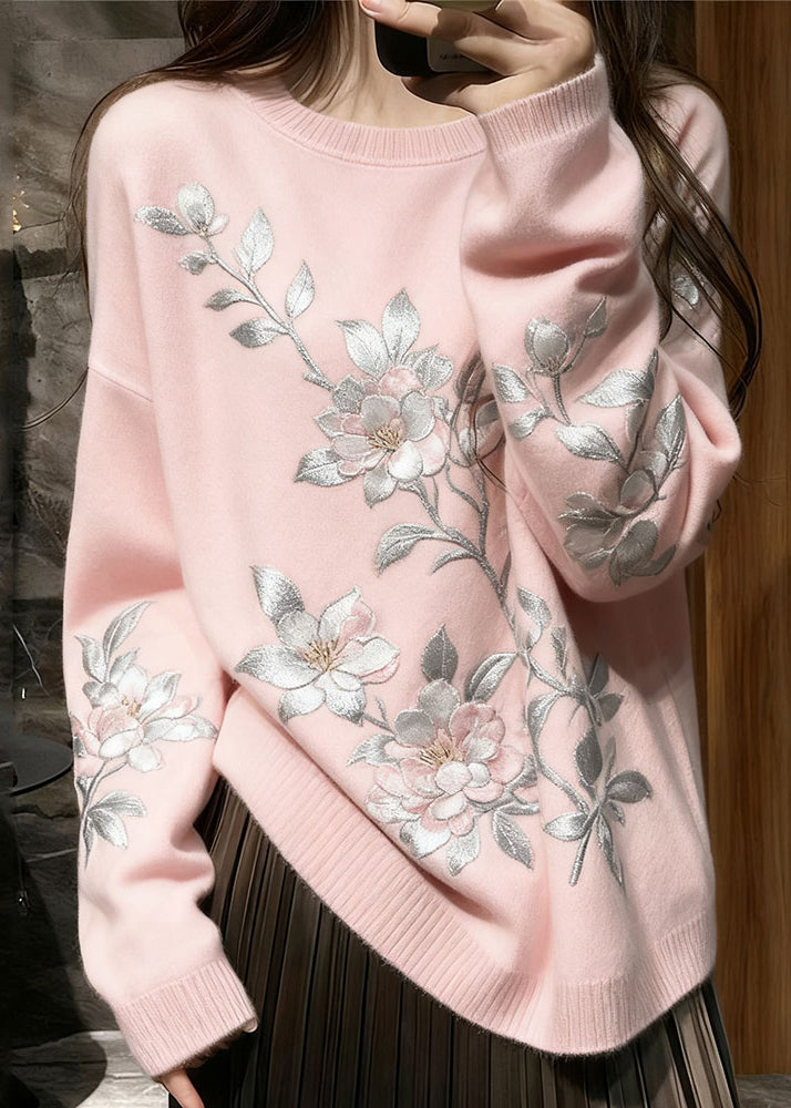 French Pink Embroidered Floral Knit Cozy Sweaters Winter