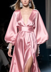 French Pink Exra Large Hem Side Open Silk Party Dresses Spring