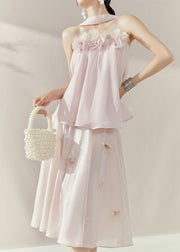 French Pink Floral Patchwork TopAnd Maxi Skirts Two Piece Set Sleeveless