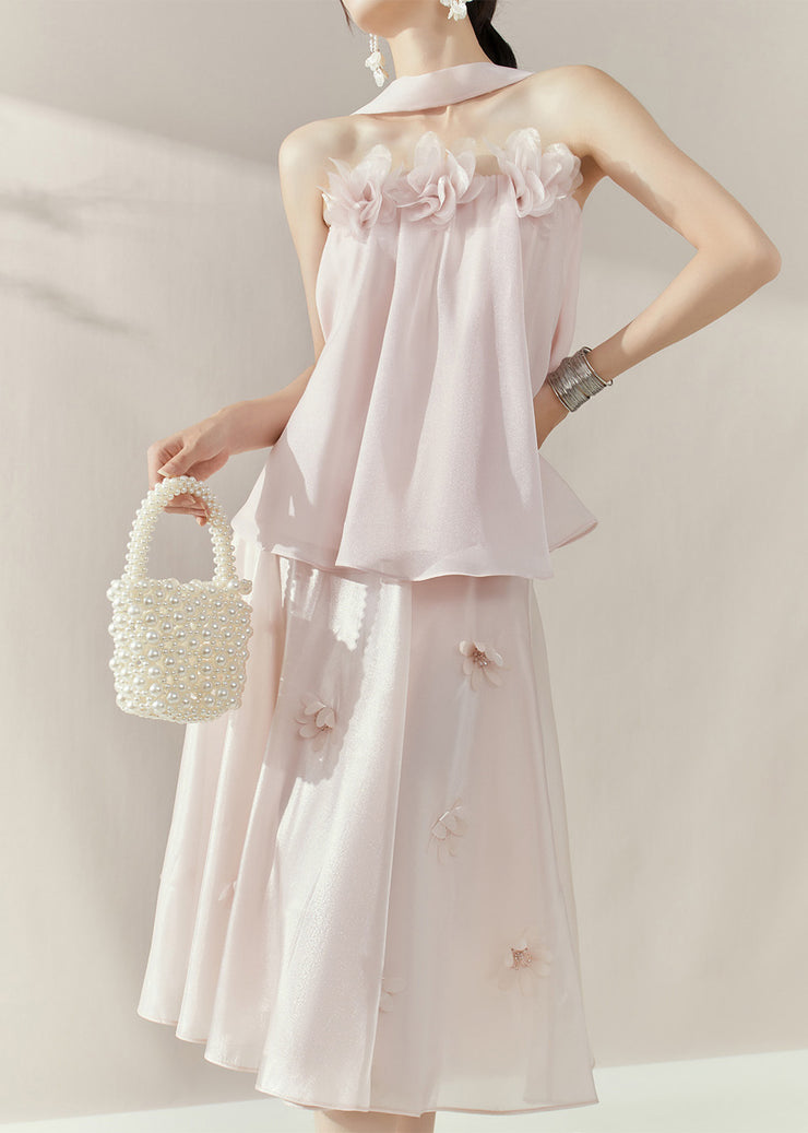 French Pink Floral Patchwork TopAnd Maxi Skirts Two Piece Set Sleeveless