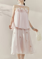 French Pink Floral Patchwork TopAnd Maxi Skirts Two Piece Set Sleeveless