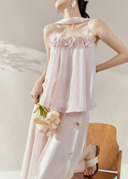 French Pink Floral Patchwork TopAnd Maxi Skirts Two Piece Set Sleeveless