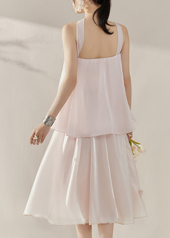 French Pink Floral Patchwork TopAnd Maxi Skirts Two Piece Set Sleeveless