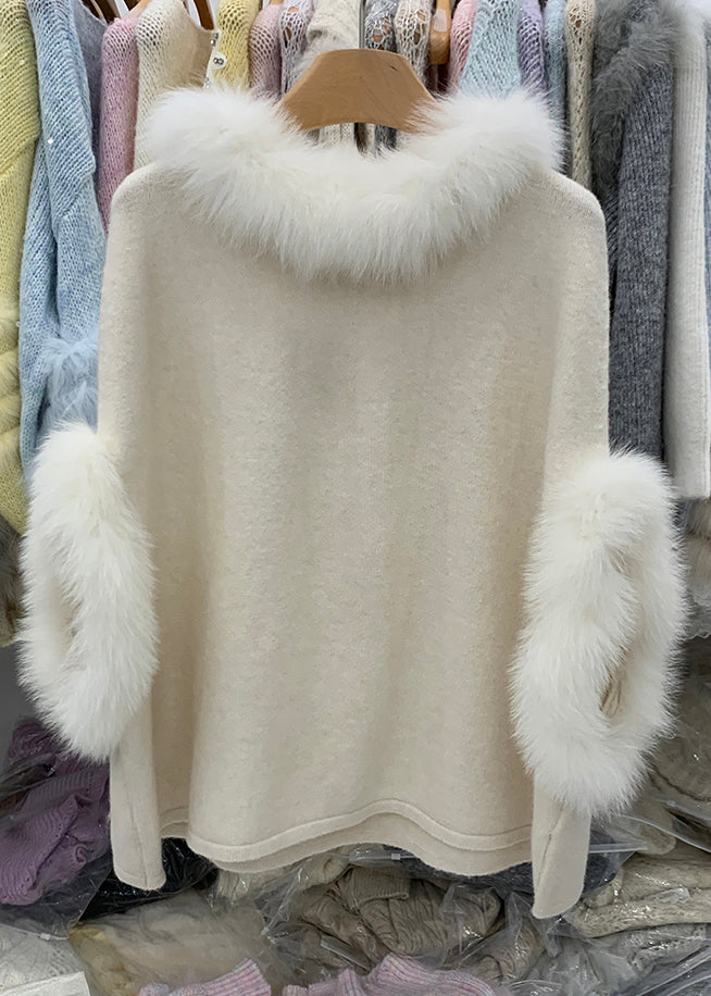 French Pink Fox Collar Removable Thick Cotton Knit Sweater Winter