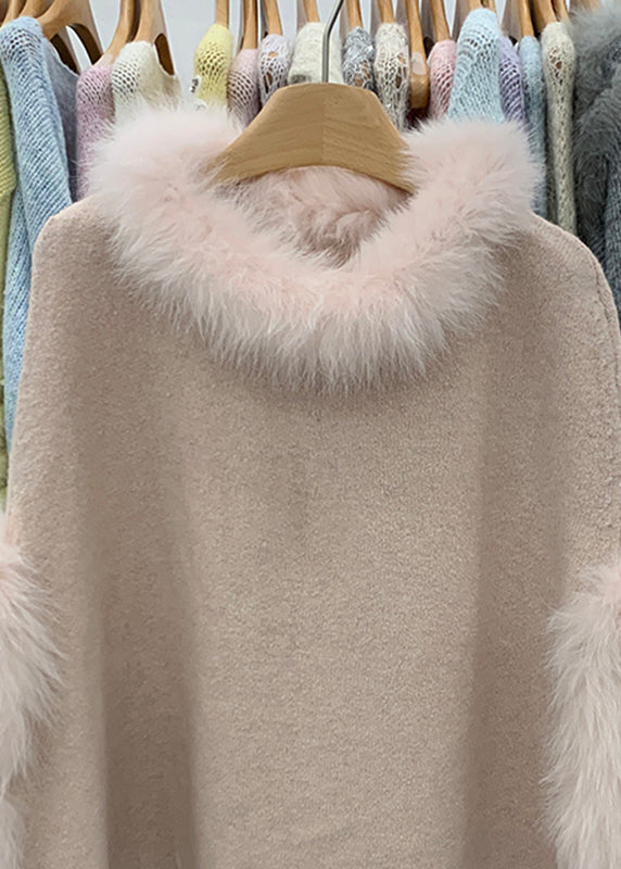 French Pink Fox Collar Removable Thick Cotton Knit Sweater Winter
