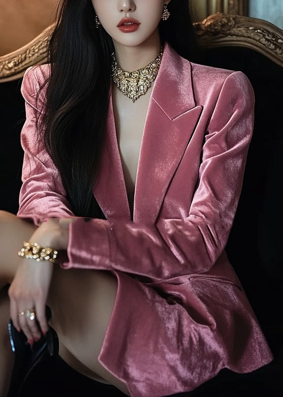 French Pink Notched Pockets Velvet Suit Coat Spring