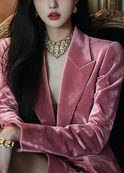 French Pink Notched Pockets Velvet Suit Coat Spring