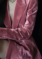 French Pink Notched Pockets Velvet Suit Coat Spring
