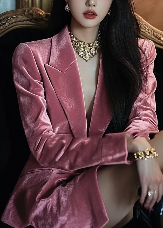 French Pink Notched Pockets Velvet Suit Coat Spring