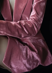 French Pink Notched Pockets Velvet Suit Coat Spring