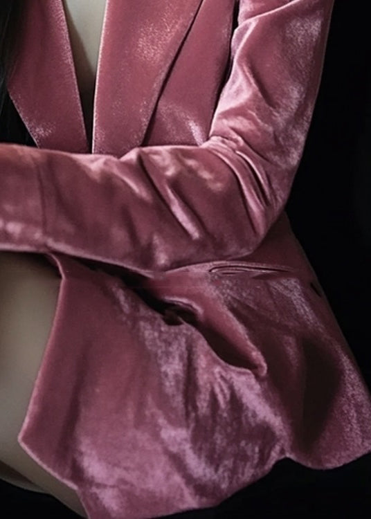 French Pink Notched Pockets Velvet Suit Coat Spring