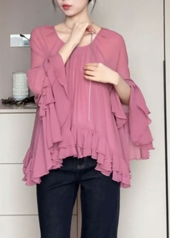 French Pink O-Neck Ruffled Patchwork Chiffon Shirts Flare Sleeve