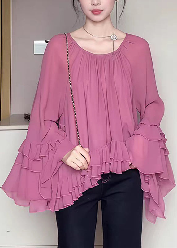 French Pink O-Neck Ruffled Patchwork Chiffon Shirts Flare Sleeve