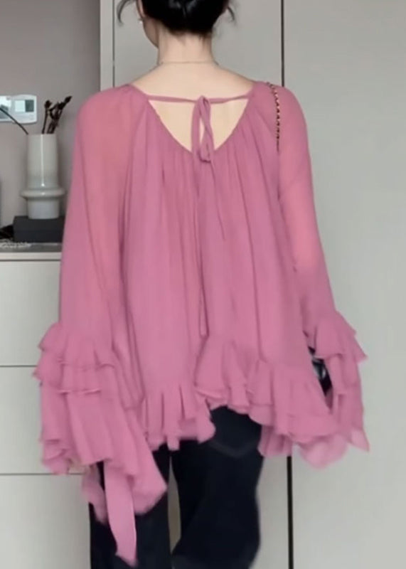 French Pink O-Neck Ruffled Patchwork Chiffon Shirts Flare Sleeve