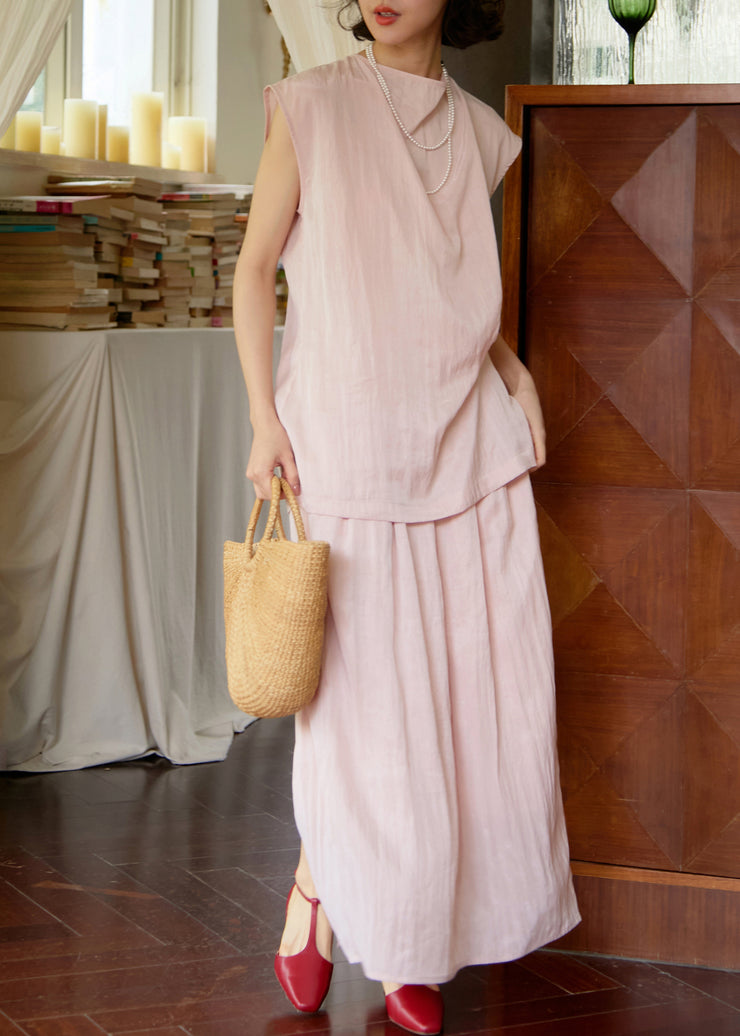 French Pink O Neck Tops And Pants Cotton Two Piece Set Summer