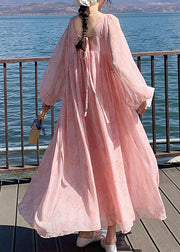 French Pink O Neck Wrinkled Lace Up Chiffon Long Dresses Summer