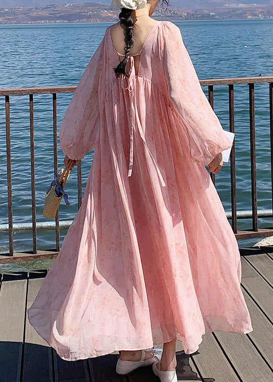 French Pink O Neck Wrinkled Lace Up Chiffon Long Dresses Summer