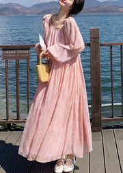 French Pink O Neck Wrinkled Lace Up Chiffon Long Dresses Summer