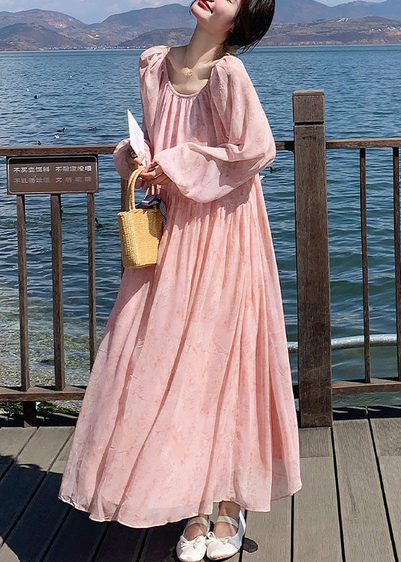 French Pink O Neck Wrinkled Lace Up Chiffon Long Dresses Summer