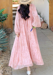 French Pink O Neck Wrinkled Lace Up Chiffon Long Dresses Summer