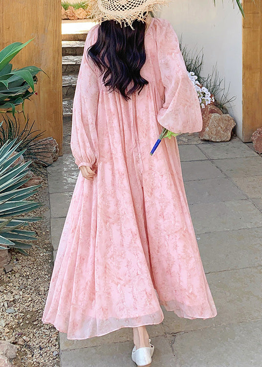 French Pink O Neck Wrinkled Lace Up Chiffon Long Dresses Summer