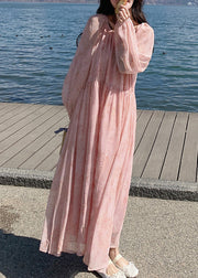 French Pink O Neck Wrinkled Lace Up Chiffon Long Dresses Summer
