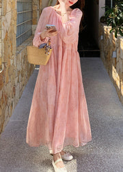French Pink O Neck Wrinkled Lace Up Chiffon Long Dresses Summer