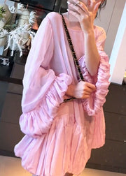 French Pink O Neck Wrinkled Patchwork Cotton Mid Dress Lantern Sleeve