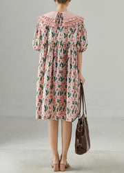 French Pink Peter Pan Collar Print Cotton Dresses Summer