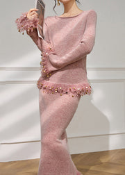 French Pink Sequins Patchwork Tassel Cotton Knit Sweater And Maxi Skirts Two Pieces Set Flare Sleeve