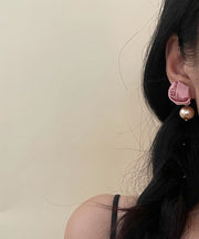 French Pink Silk Rose Pearl Drop Earrings